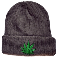 Grey Weed Leaf Embroidered Beanie