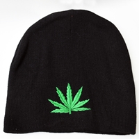 Black Beanie Cap With Embroidered Weed Leaf
