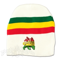 Lion Of Judah Rasta Stripe White Beanie Cap