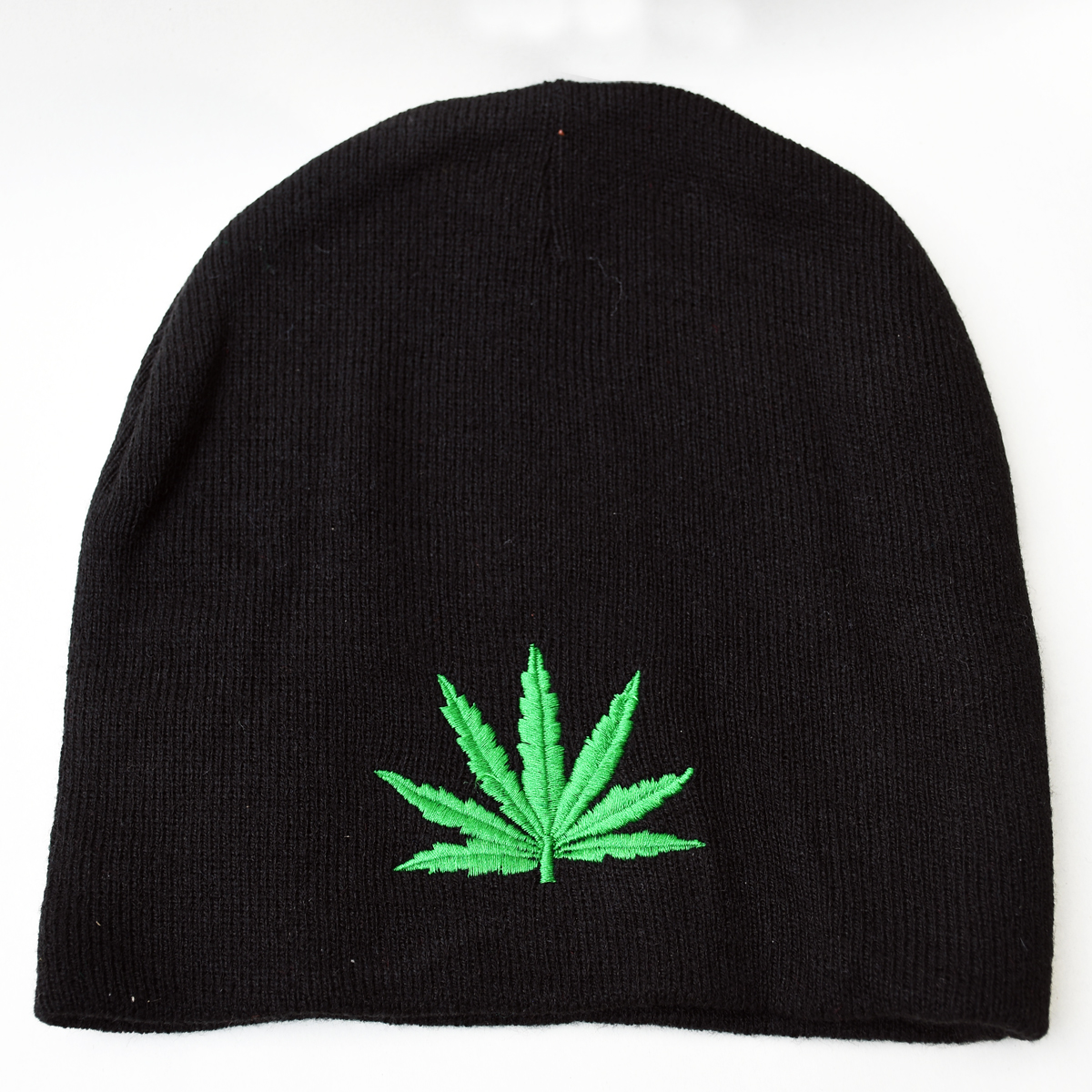 Black Beanie Cap With Embroidered Weed Leaf
