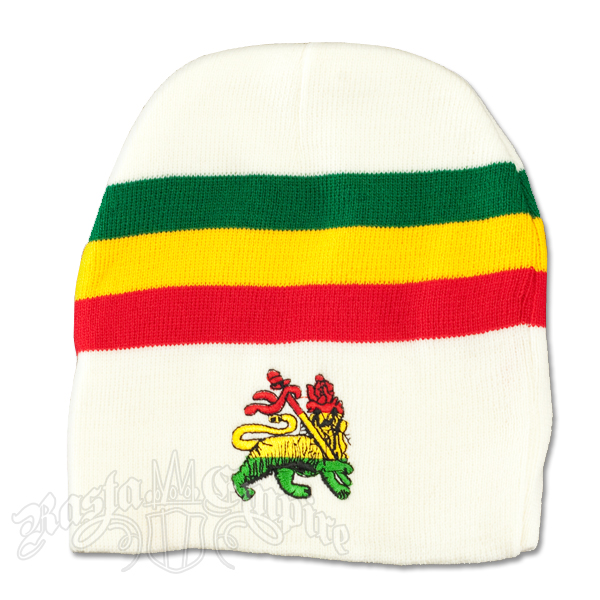 Lion Of Judah Rasta Stripe White Beanie Cap