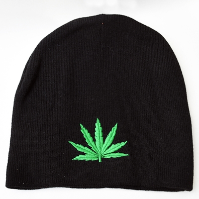 Black Beanie Cap With Embroidered Weed Leaf