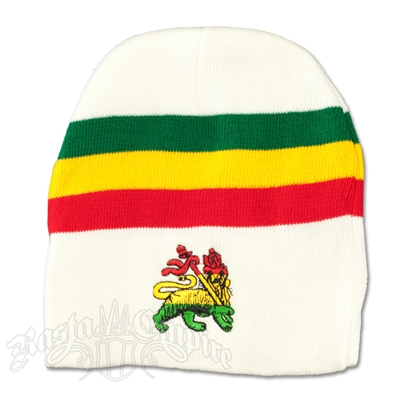 Lion Of Judah Rasta Stripe White Beanie Cap